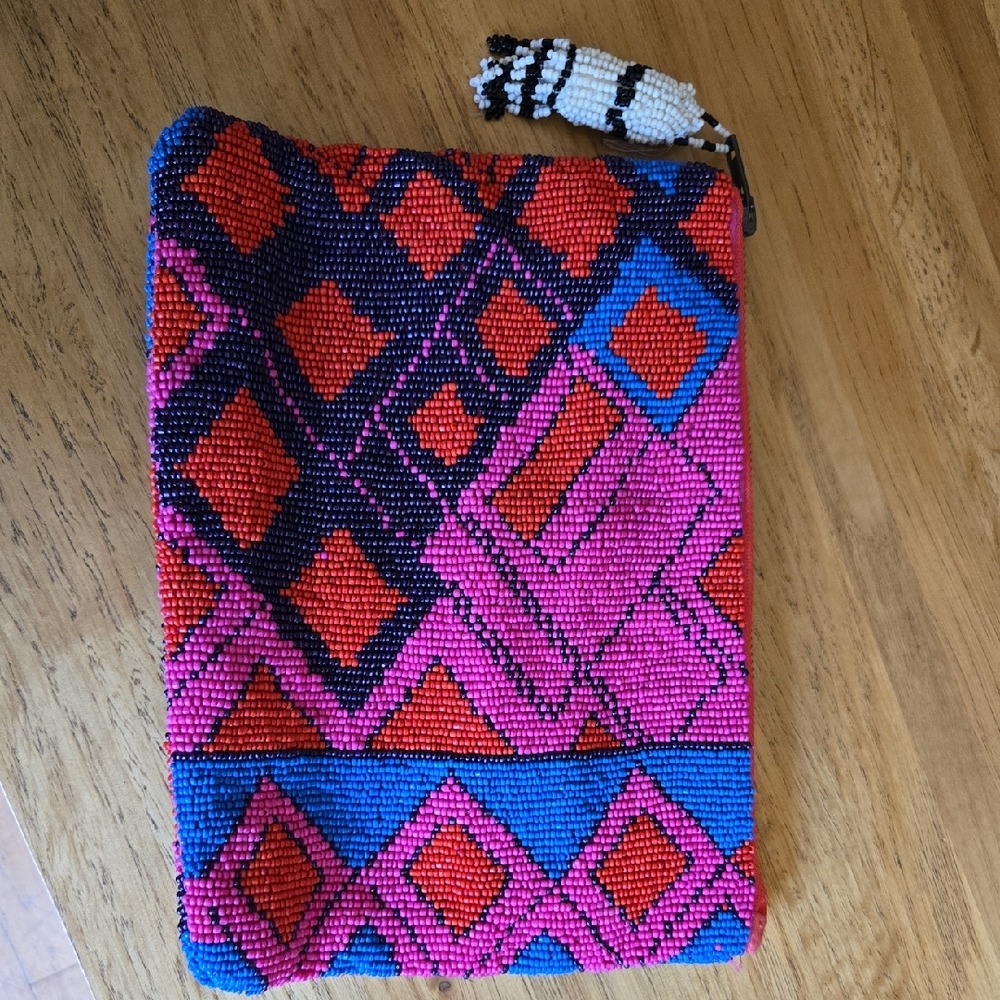 Geometric Pink and Blue Beaded Cosmetic Bag
